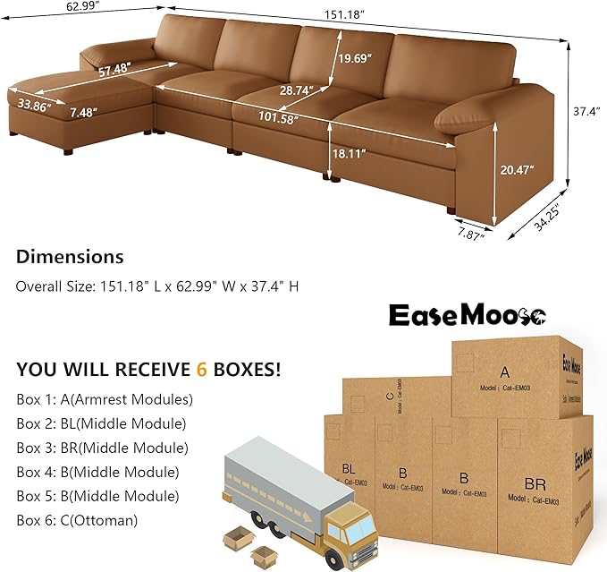 EASE MOOSE Leather Sectional Sofa,Modern Deep Seat Faux Leather Sectional,Extra Large L Shaped Couch,Oversized Modular Sofa,Comfy Scratch Resistant Material，Brown