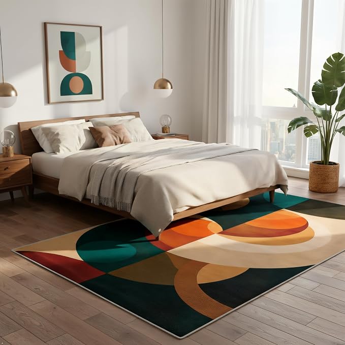 Mid Century Geometric Area Rug 3x5 – Retro Abstract Circle Pattern Rug for Living Room & Bedroom, Low Pile Washable Indoor Rug with Non-Slip Backing