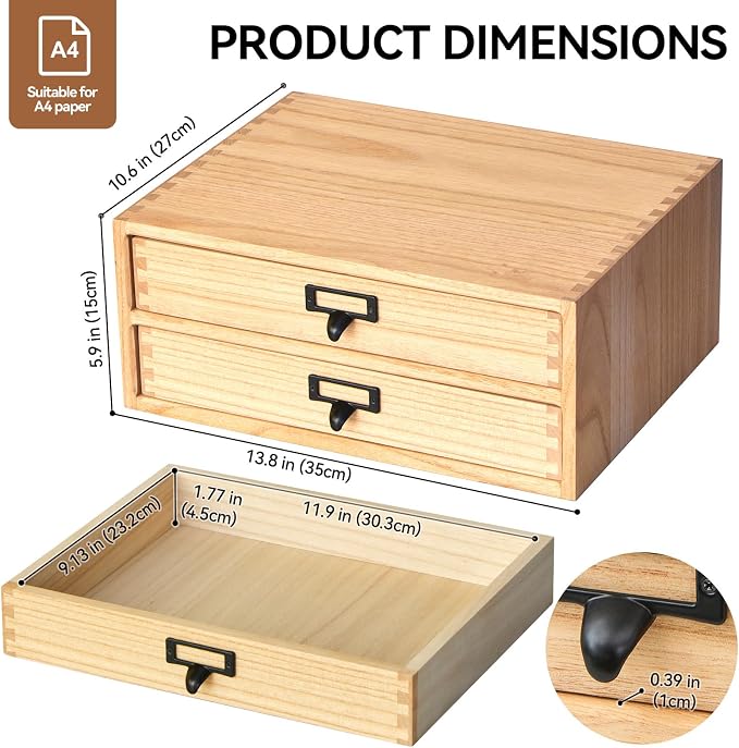 KIRIGEN Wooden Desk Organizer with 2 Drawers, Solid Wood Desktop Storage Cabinet, Shallow Office Drawer Organizer for Printer Paper and Mail, No Assembly, 13.78 W x 10.6 D x 5.9 H Inch, FAX-NA