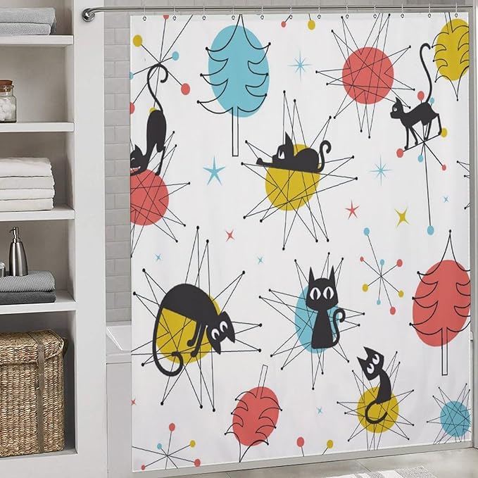 Cats Shower Curtains Black Cat Retro Atomic Christmas Pattern Duty Fabric Shower Curtain Set Bathroom Polyester Waterproof with 12 Hooks,72x72Inch（183x183cm）
