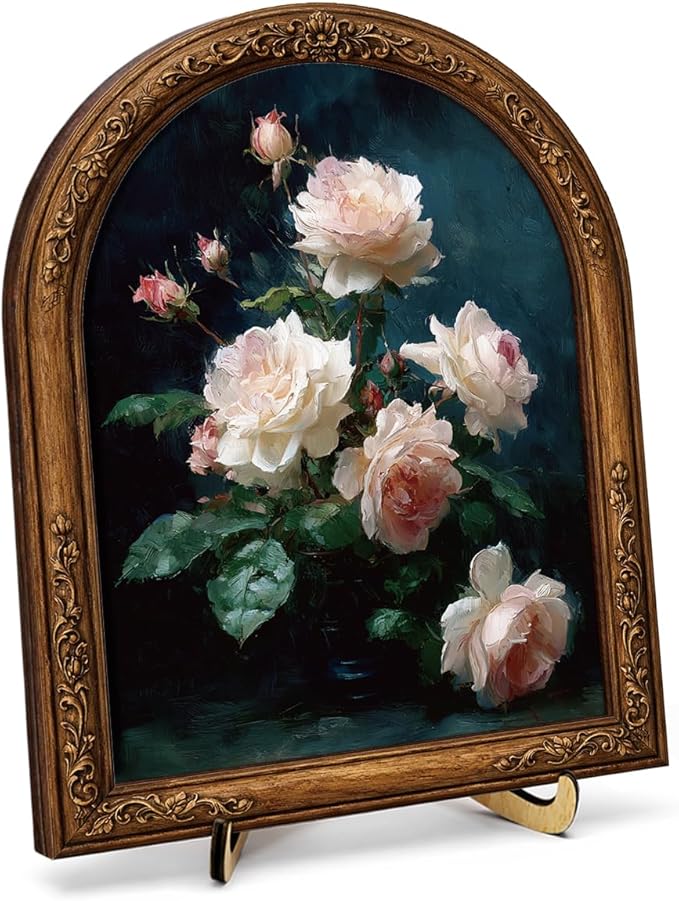 Moody Floral Wall Art Sign for Gothic Home Decor, Vintage Rose Arch Wood Block Sign, Dark Academia Desk & Shelf Decor, 8x10 Inch