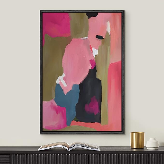 MUDECOR Framed Canvas Print Wall Art Dark Pink Paint Stroke Landscape Abstract Shapes Illustrations Minimalism Decorative Relax/Zen Colorful Nordic for Living Room, Bedroom, Office - 16"x24" Black
