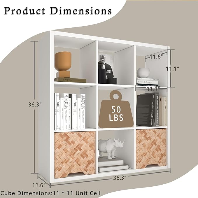 Endearing Limons【2026 Wooden Thick Border 9 Cube Shelf Storage Organizer with Anti-Tipping Kits + Reversible Open Back Bookcase (11 x 11 Unit Cell White)