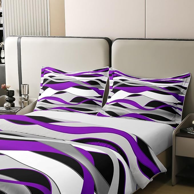 Erosebridal Modern Geometric Bedding Set Twin Purple and Grey Striped 100% Cotton Duvet Cover Geometric Simple Pattern Comforter Cover for Kids Teens Adults Waves Art Stripes Bed Set 2 Pcs