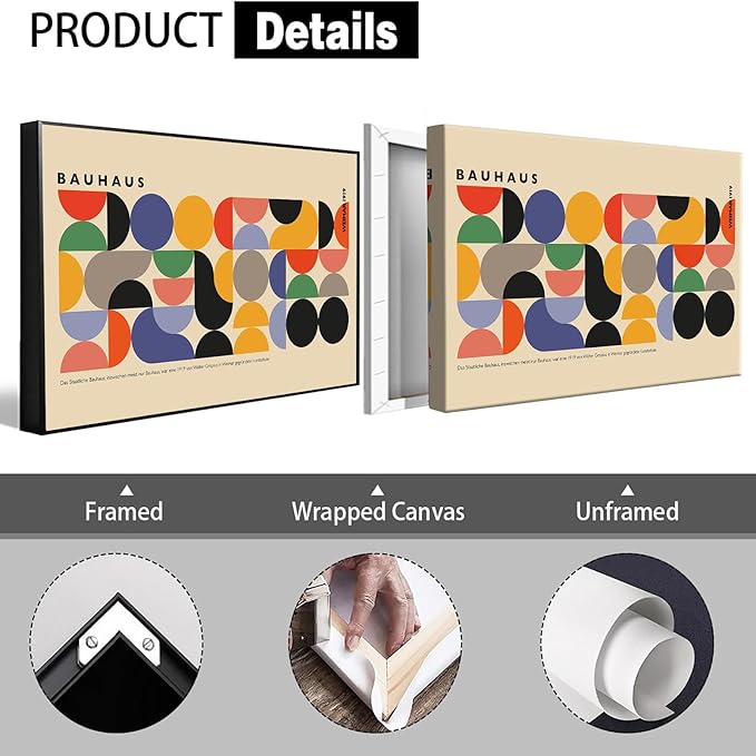 Vintage Bauhaus Weimar 1919 Framed Poster Vibrant Circles And Arcs Minimalist Text Canvas Wall Art Beige Backdrop Prints Painting For Home Bedroom Dorm Wall Decor 12x16in Framed