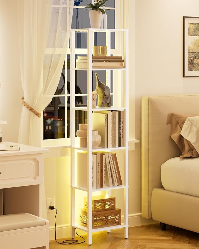 Open Book Shelf with LED Lights, 6 Tier Tall Bookshelf, Narrow Bookcase with Open Shelves, 14.57" x 10.63" x 65.83", Book Shelves for Living Room, Office, Study, White
