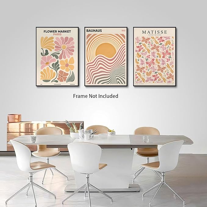 BingruiArt Boho Abstract Wall Art Yellow Canvas Flower Market Posters Set of 3 Bauhaus Pictures Matisse Print Floral Aesthetic Painting Decor for Dorm Living Room Bedroom 16"x24" Unframed