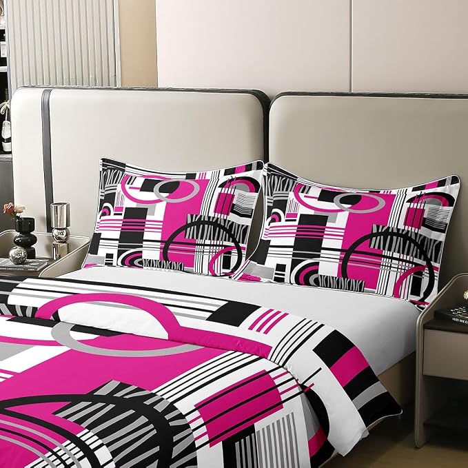 Erosebridal Art Deco Mid Century Duvet Cover Set Retro Modern Abstract Geometric 100% Cotton Comforter Cover Black and White Hot Pink Circles Stripes King Bedding Set, Contemporary Bed Sets