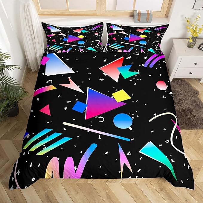 Memphis Duvet Cover Set Queen Size, Colorful Geometric Abstract Bedding Set for Kids Boys Girls, Retro 80s 90s Fashion Style Comforter Cover Soft Polyester Quilt Cover with 2 Pillowcases,No Comforter