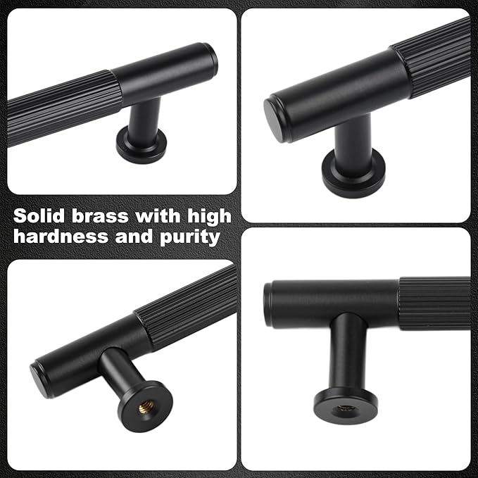 -5 Inch Matt Black Kitchen Cabinet Handles, 5 Pack Solid Brass Drawer Dresser Pulls, Modern Cabinet Hardwares for Bathroom Bedroom Cupboard Wardrobe Closet