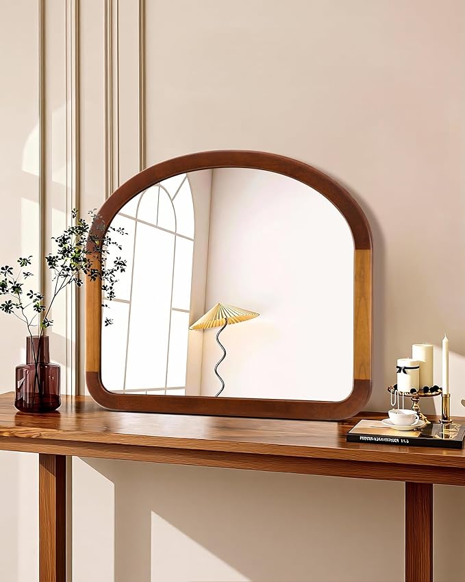 Arched Mirror 34 x 29 Inch,Brown Wood Rustic Bathroom Tempered Wall Mirror with Wood Frame,Round Corner Arch Farmhouse Wooden Vanity Mirror for Living Room,Entryway or Bedroom（Walnut Brown）
