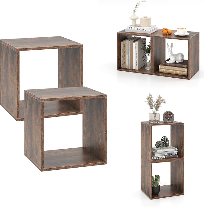 Giantex 2 Cube Bookshelf Organizer, 2-Tier Stackable Cube Storage Organizer, Small Wooden Open Book Shelf with Anti-toppling Device, Wood Floor Standing Display Shelving Bookcase (1, Rustic Brown)