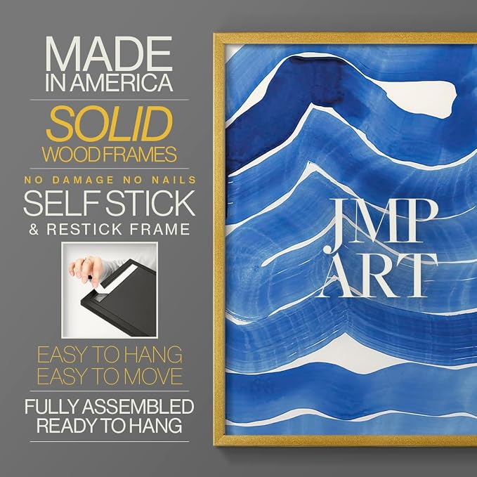 Renditions Gallery Set of 2 Peel & Stick Framed Prints, Watercolor Abstract Wall Art, Bold Brushstrokes in Shades of Blue Wall Decor, Re-Stickable - Ready to Hang - 16"x20" - GOLD Frame LT588