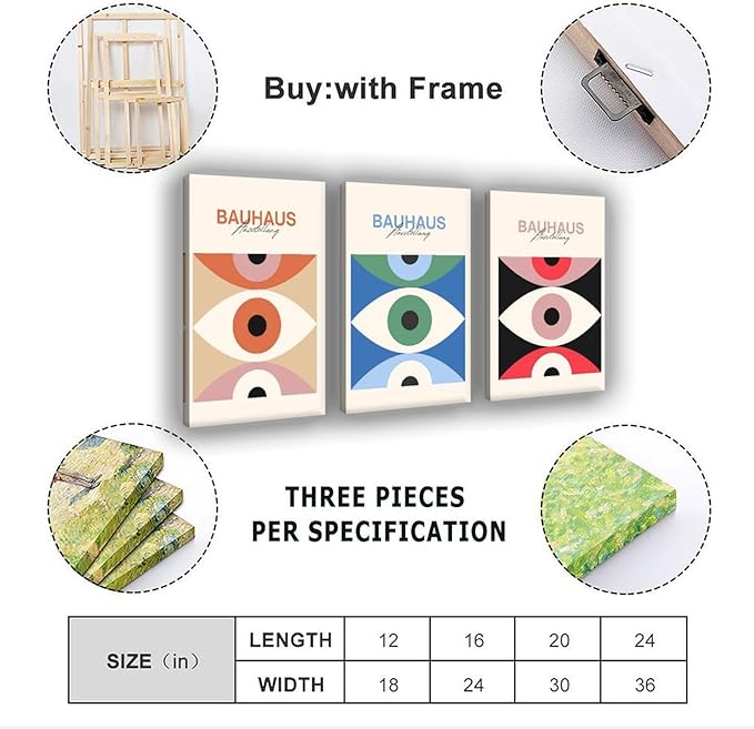 9W Bauhaus Poster Abstract Canvas Wall Art Set of 3 Modern Boho Decor For Bedroom Livingroom Frame-style 12x18inch(30x45cm)