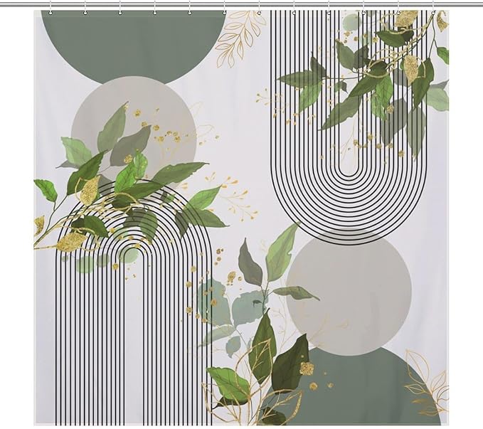 Boho Green Shower Curtain, Mid Century Modern Abstract Gold Leaves Plant Minimalist Bathroom Curtain Polyester Waterproof Fabric Decor 72x72in（183x183cm）