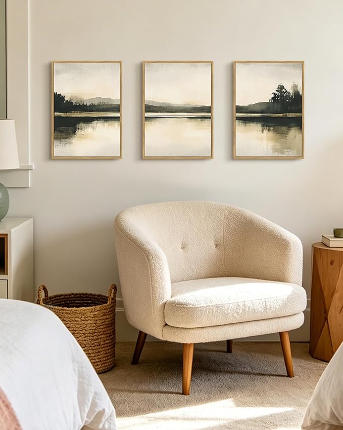 KUVIOKE Watercolor Abstract Mountain Lake Framed Wall Art Brown Landscape Nature Wilderness Painting Nordic Neutral Tan Illustration Decorative Home Decor 12x16in (Natural Framed)