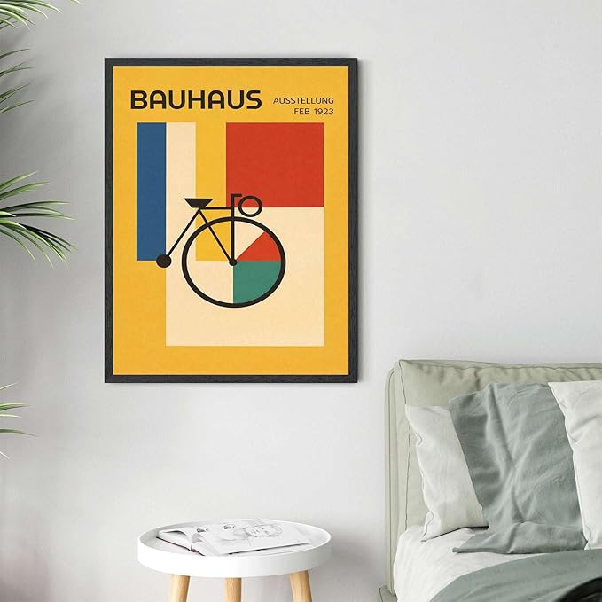 Vintage Bauhaus Geometric Bicycle Poster Canvas Wall Art, Abstract Colorful Shapes Print for Living Room Bedroom Home Decor Modern Minimalist Style (Black Framed,12”LX16"W)