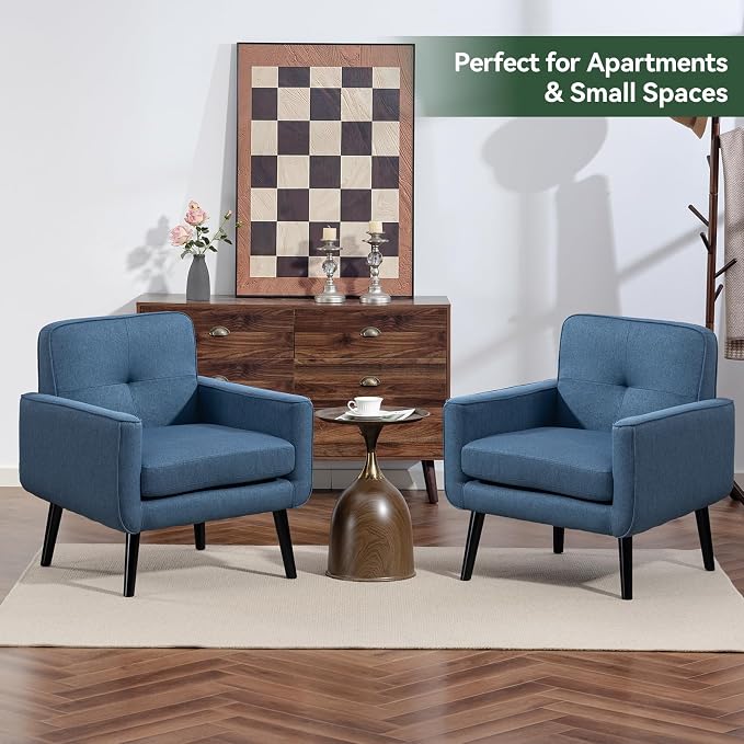 Vogue Furniture Direct Accent Chair Set of 2, Fabric Modern Chair with Wooden Frame, Cozy Armchair Reading Chair with Comfy Back for Apartment, Living Room, Bedroom, Small Space, Corner, Blue