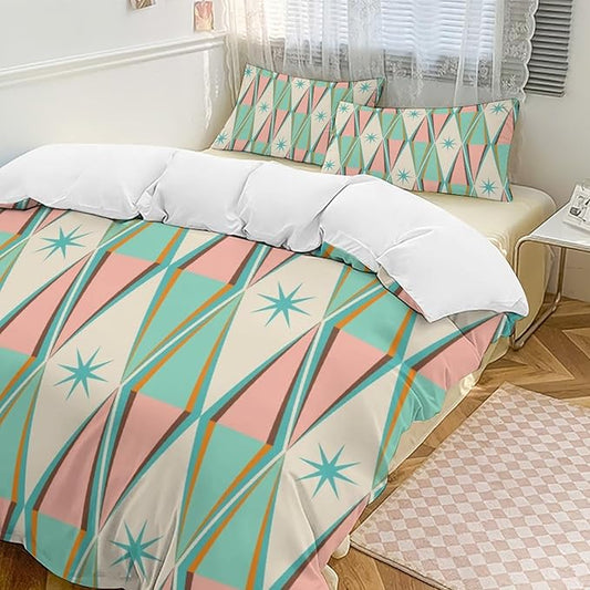 Mid Century Duvet Cover Sets Modern Mid Century Retro Grid Printed Lightweight Soft Quilt Cover Geometric Minimalist Abstract Soft Microfiber 3 Piece (1 Duvet Cover 68x86in + 2 Pillow Sham 20x30in)