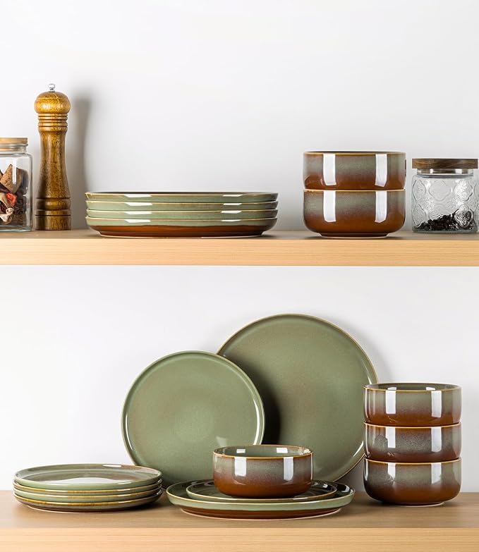 TheTerra Ceramic Dinnerware Sets for 4, 12 Pieces Handmade Reactive Glaze Plates and Bowls Set, Scratch Resistant Dish Set, Oven & Microwave & Dishwasher Safe, Sage Umber