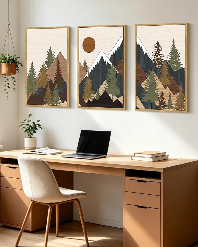 KUVIOKE Morden Mountains Framed Wall Art Boho Pine Tree Forest Nature Landscape Artwork Bohemain Farmhouse Rustic Bedroom Living Room Decor 24x36in (Natural Framed)