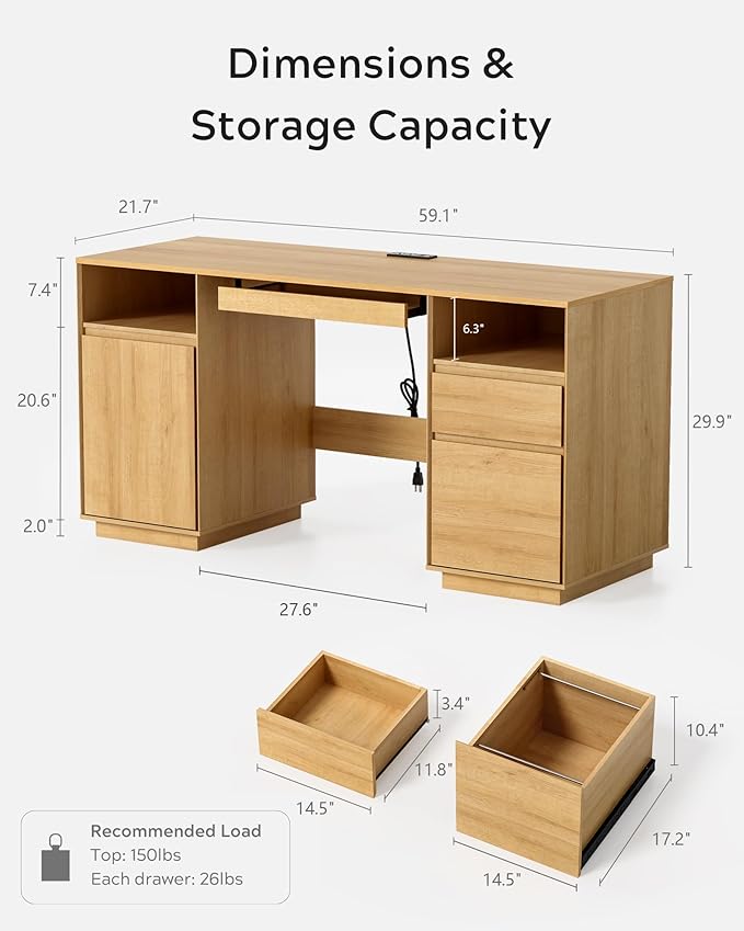 EYYTHUNG 59" Executive Desk, Farmhouse Large Home Office Desk with File Drawer & Outlet & Storage Cabinet, Wood Computer Desks with Keyboard Tray, Workspace for Study Writing, Natural Oak