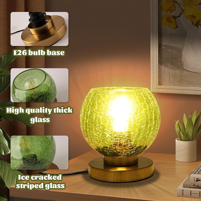 Mid Century Modern Table Lamp with Crackled Glass Shade - Green Glass, Gold Finish - Desk & Nightstand Lamp - Small, Perfect for Bedside, Living Room, Office