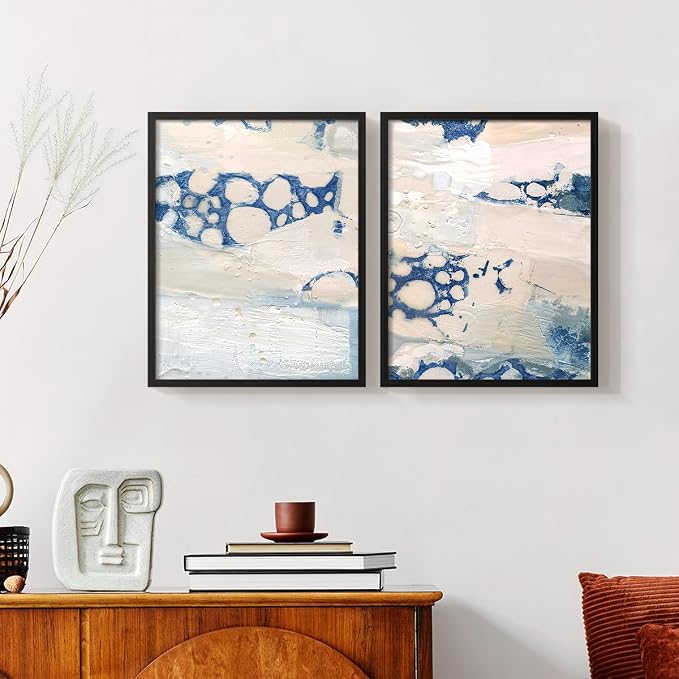 Renditions Gallery Set of 2 Peel & Stick Framed Prints, Textured Abstract Wall Art, Beach Themed Bubble Design Wall Decor, Re-Stickable - Ready to Hang - 22"x28" - Black Frame LT588
