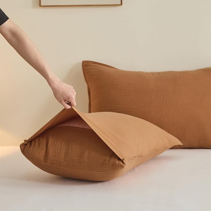 Simple&Opulence Linen Muslin Duvet Cover Set Twin Size, 3Pcs Rust Linen Cotton 3-Layer Gauze Minimalist Comforter Cover 68”x86”, Ultra Soft Breathable Seersucker Bedding Set with 1 Pillowcase
