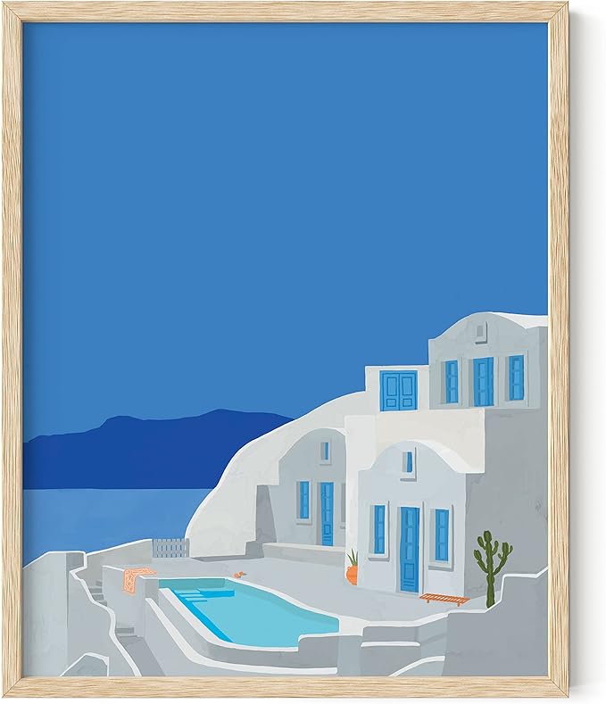 HAUS AND HUES Greece Poster - Travel Print, Mediterranean Scenic City Art, European Wall Decor (Beige Frame, 16x20)