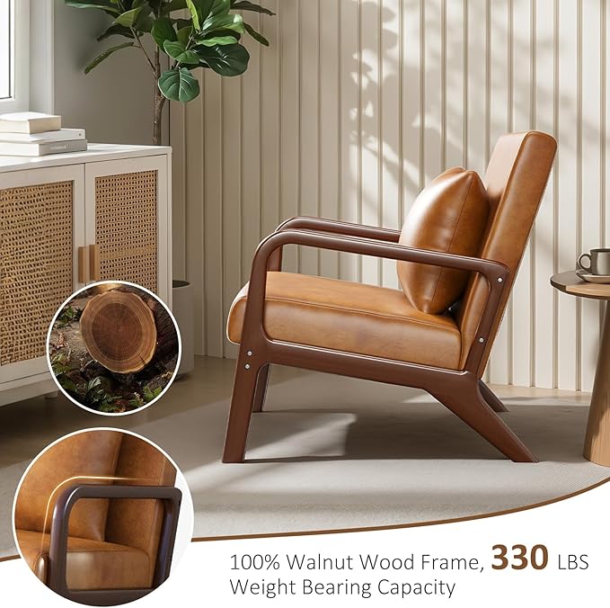 Mid Century Accent Chair, Upholstered Lumbar Pillow Lounge Chair Brown Faux Leather Cozy Leisure Chair Solid Oak Frame Relaxing Retro Living Room Chair for Bedroom Reading Nook