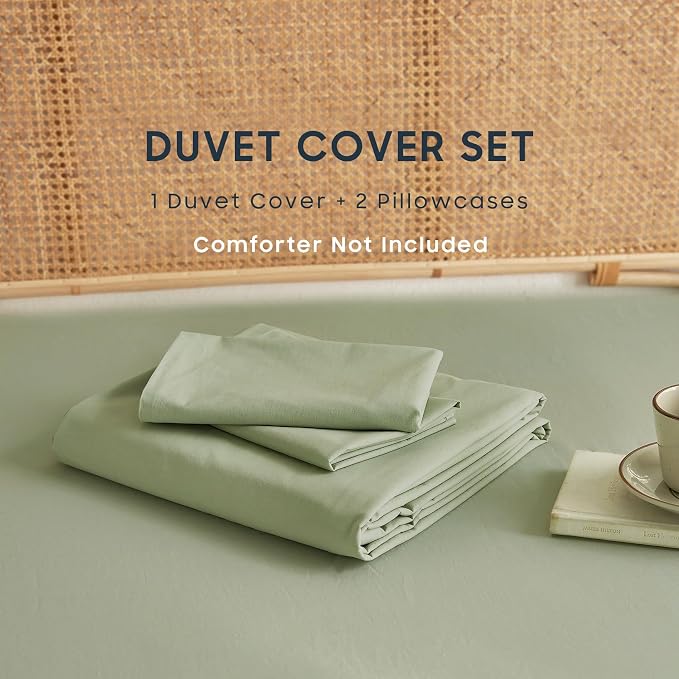 Wake In Cloud - Cotton Duvet Cover Set, 100% Washed Cotton, Linen Like Textured, Breathable Durable Comfy Farmhouse Neutral Bedding Set, 3 Pieces, Sage Green, King Size