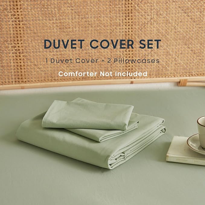 Wake In Cloud - Cotton Duvet Cover Set, 100% Washed Cotton, Linen Like Textured, Breathable Durable Comfy Farmhouse Neutral Bedding Set, 3 Pieces, Sage Green, Queen Size