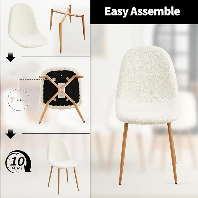 Faux Fur Dining Chairs Set of 4, Modern Upholstered Dining Room Chairs with Oak Look Foiled Steel Legs, Armless Kitchen Chairs for Living Room, White
