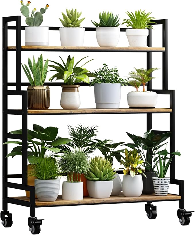 YIZAJIA Plant Stand Indoor 3 Tier Metal Board Outdoor Tiered Stands Shelf With wheel for Multiple Plants Potted Ladder Plant Holder Table Plant Pot Stand for Window Garden Balcony Living Room