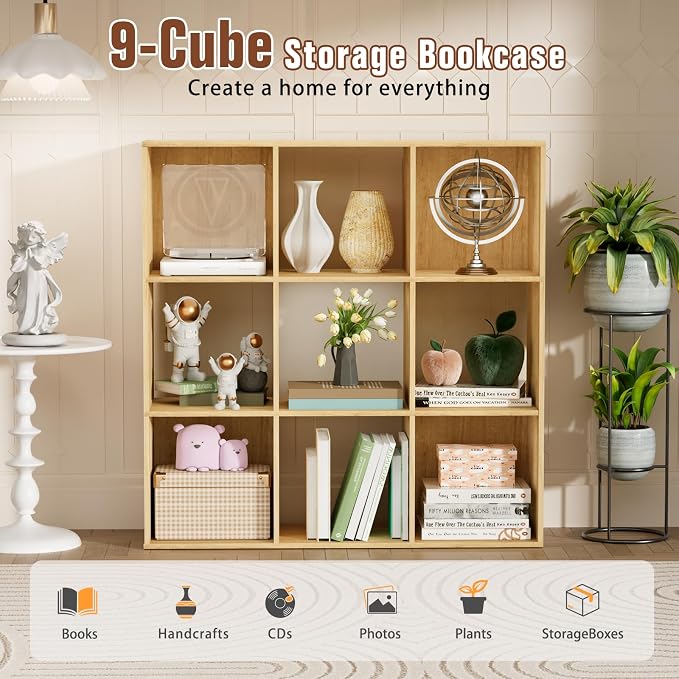 9 Cube Storage Organizer, Free Standing Display Shelf with Open Cubes, Floor Standing Book Shelf Bookcase with Storage for Home Office, Living Room, Bed Room (Oak, 9-Cube)