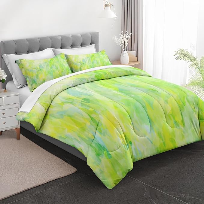 7Pcs Comforter Set Full Size, Modern Cool Lime Green Abstract, Bed Decor Cold Light Citrus Wave Space Bedroom Bedding Set with Flat Sheet Fitted Sheet Pillowcases Shams for Kids and Adults