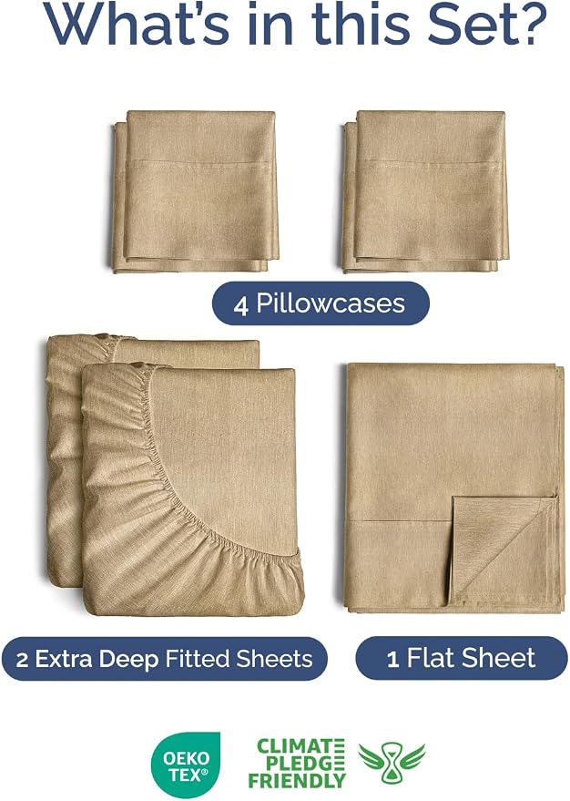 Extra Deep Split King Sheet Set - 7 Piece Breathable and Cooling Sheets - Hotel Luxury Bedding for Women, Men, Kids & Teens - Easy Secure Fit - Soft & Wrinkle Free - Extra Deep Pockets - Heathered Tan