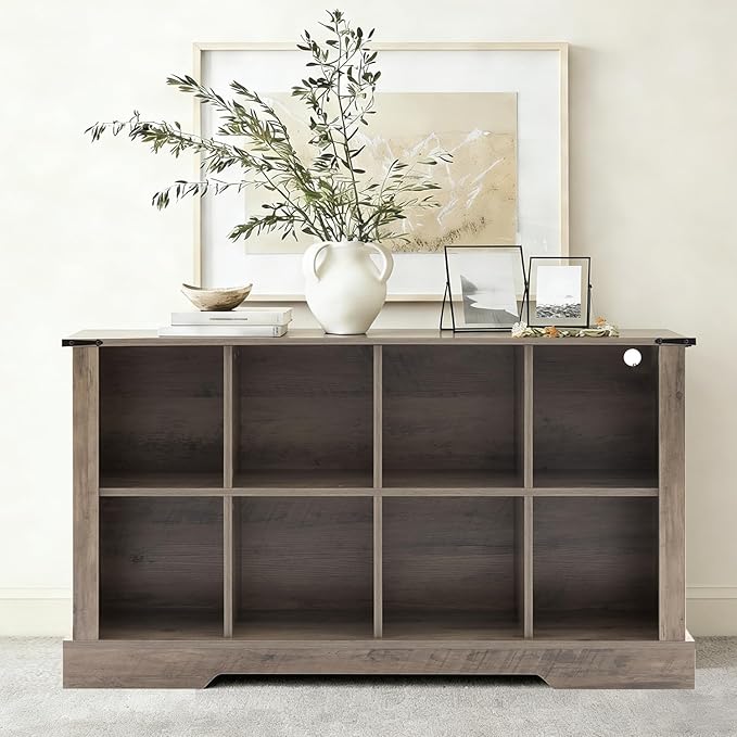 8 Cube Storage Organizer, 2 Tier Book Shelf with Led Lights, Farmhouse Book Shelves for Living Room, Horizontal Toy Storage Bookshelf, Wood Display Bookcase Cabinet for Bedroom, Office, Grey