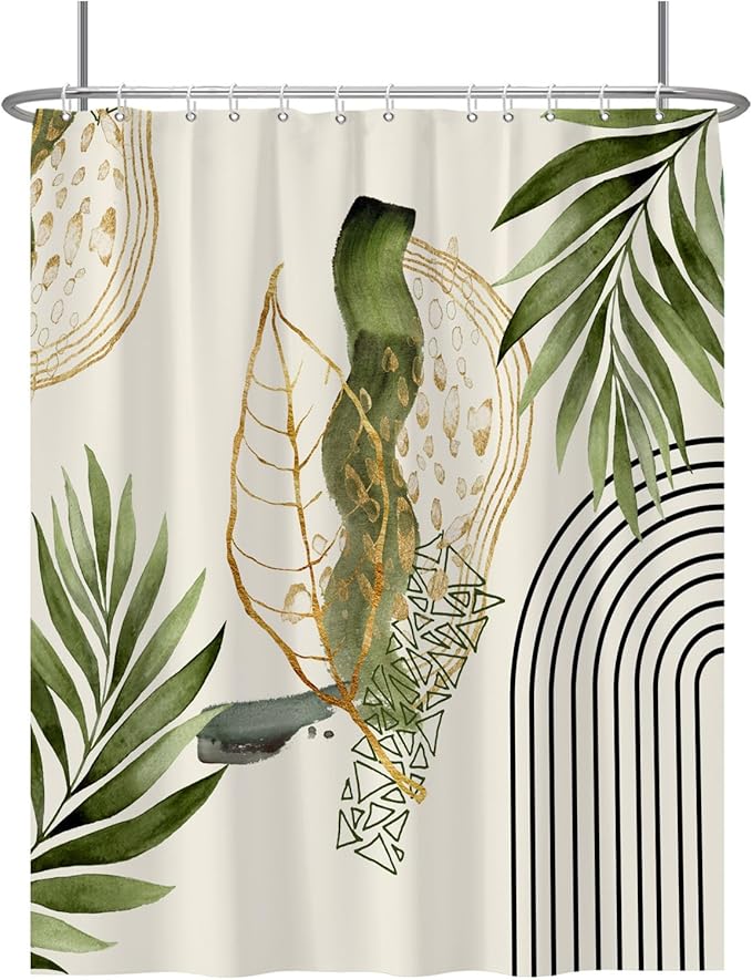 Baocicco Boho Shower Curtain Green Gold Leaves Modern Abstract Geometric Minimalist Shower Curtains Decorative for Bathroom Waterproof Fabric Shower Curtain with Hooks 72x84 Inches