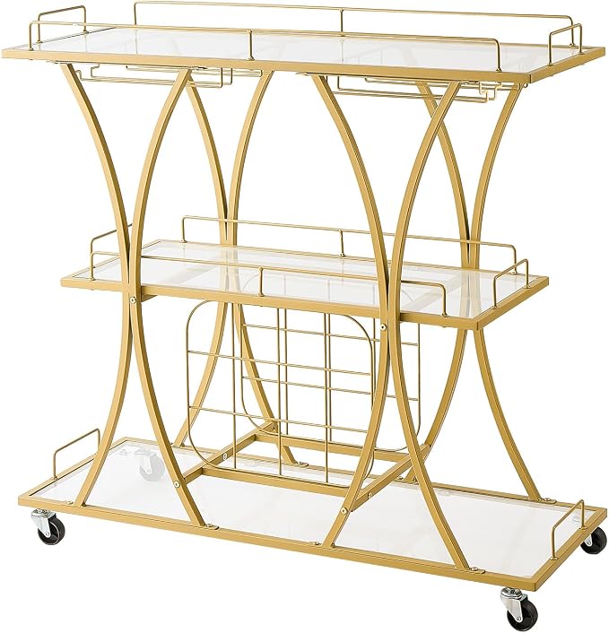 VEVOR Bar Cart, 3 Tiers Home Kitchen Serving Carts, Modern Rolling Utility Station on Wheels, Drink Beverage Trolley with Tempered Glass Shelves, Wine Rack, Glass Holder, for Living Dining Room, Gold