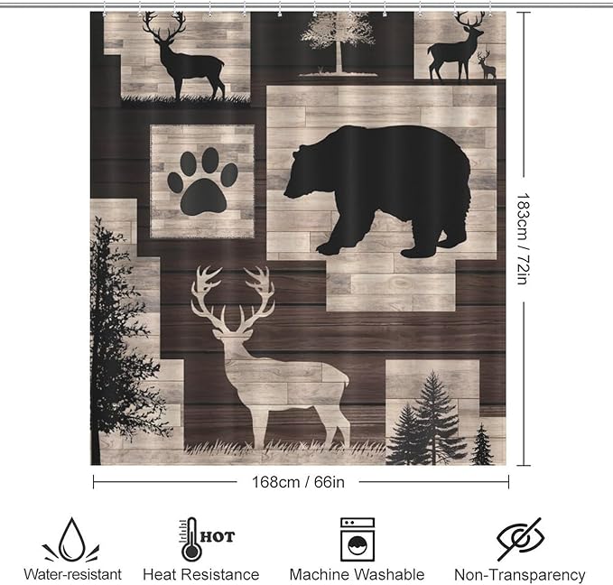 Rustic Cabin Bear Animals Shower Curtain Deer Forest Wildlife Wooden Country Lodge Hunting Camping Animal Waterproof Shower Curtains for Bathroom Decor 12 Pack Hooks 66x72in（168x183cm）