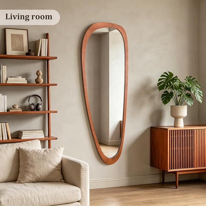 HOMECOOKIN 60" H x 22" W Asymmetrical Mirror Full Length, Irregular Wooden Wall Mirror for Bedroom, Living Room,Entryway– Boho Mid-Century Modern Decorative Mirror, Solid Wood Frame(Walnut)