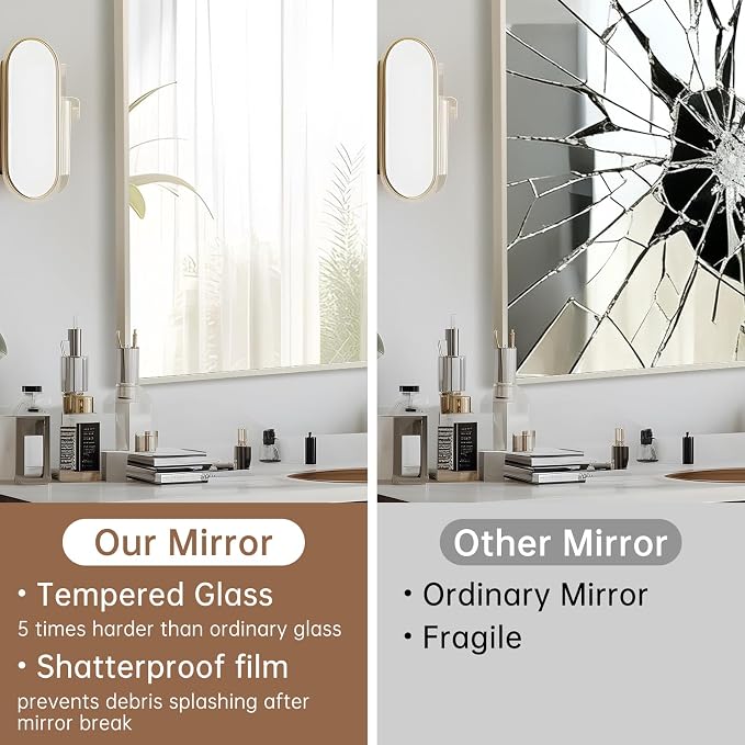 Brushed Nickel Bathroom Mirror, 24"x36" Rectangle Mirror, Brushed Mirror, Metal Frame Square Corner Vanity Mirror, Wall Mounted Mirror for Modern, Living Room, Bedroom, Horizontal Or Vertical