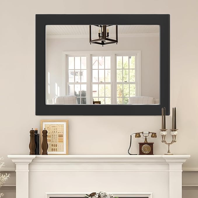 40''x30'' Rustic Wall Mirror for Bathroom Black Wood Frame, Classic Rectangle Mirror Farmhouse Vanity Wall Mirror Decor Living Room, Bedroom, Entryway