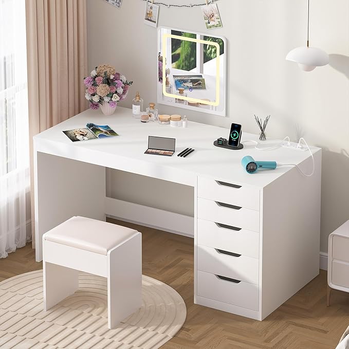 YOMILUVE 47 Inch Computer Desk with 5 Drawers and Power Outlets, Home Office Desks with Storage File Cabinet, Modern Simple Laptop Desk Writing Table for Small Spaces, White