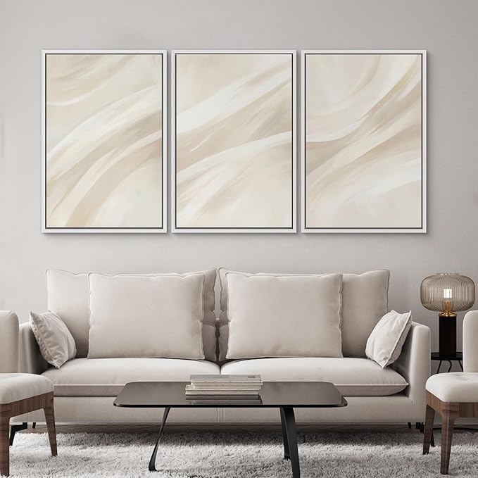 SIGNWIN Framed Canvas Print Wall Art Set Abstract Beige Flow Neutral Brushstroke Illustrations Modern Art Decorative Boho Relax/Zen Nordic for Living Room, Bedroom, Office - 24"x36"x3 White