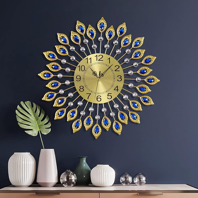 21.2 Inch Gold Large Wall Clocks for Living Room Decor,Elegant 3D Modern Wall Clock with Dial Arabic Numberals Non-Ticking Silent Big Wall Clocks,Diamond Round Home Decoration Kitchen Clocks