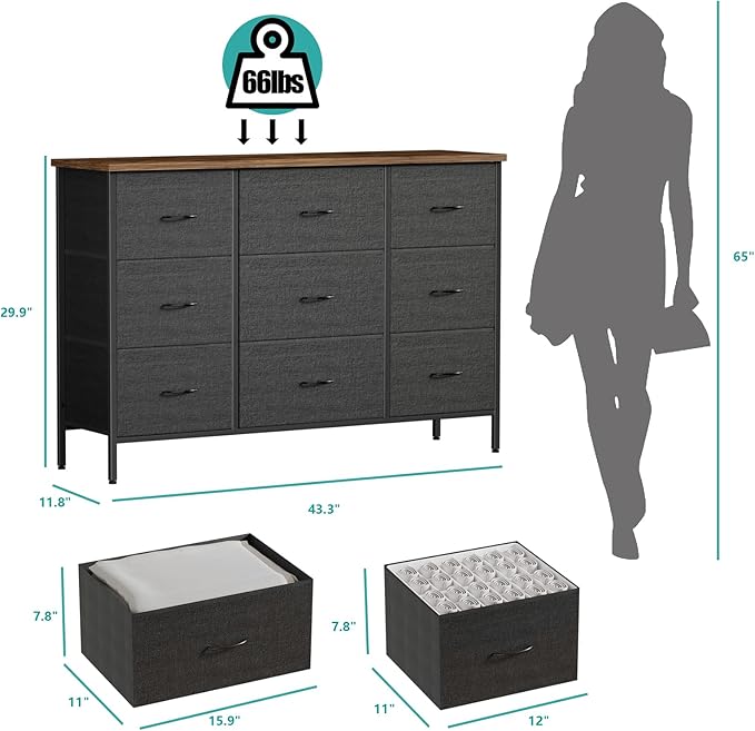 Wide TV Stand for Bedroom, Dresser with 9 Deep Drawers, Fabric Storage Cabinet, Modern Chest of Drawers for Closet, Nursery, Living Room（Black）