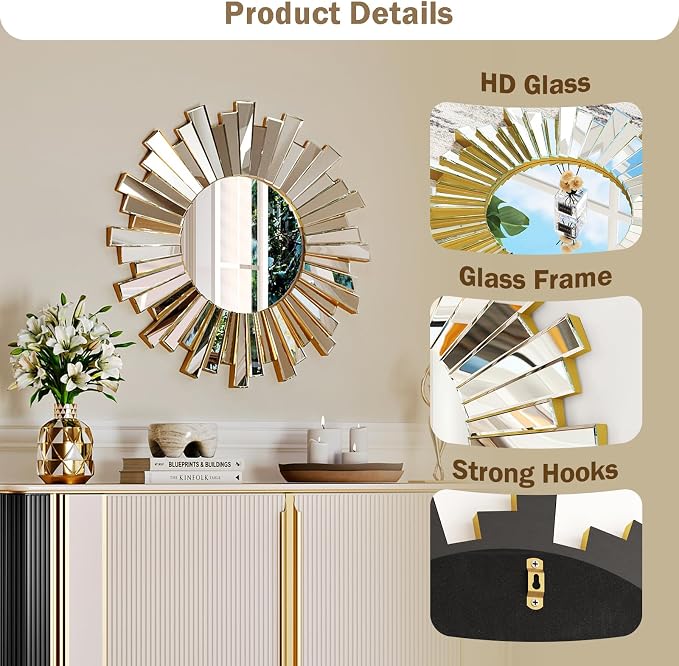 Gold Sunburst Mirror, 26" Sun Mirror Wall Decor with Beveled Glass Frame, Starburst Mirrors for Entryway, Dining Room, Living Room